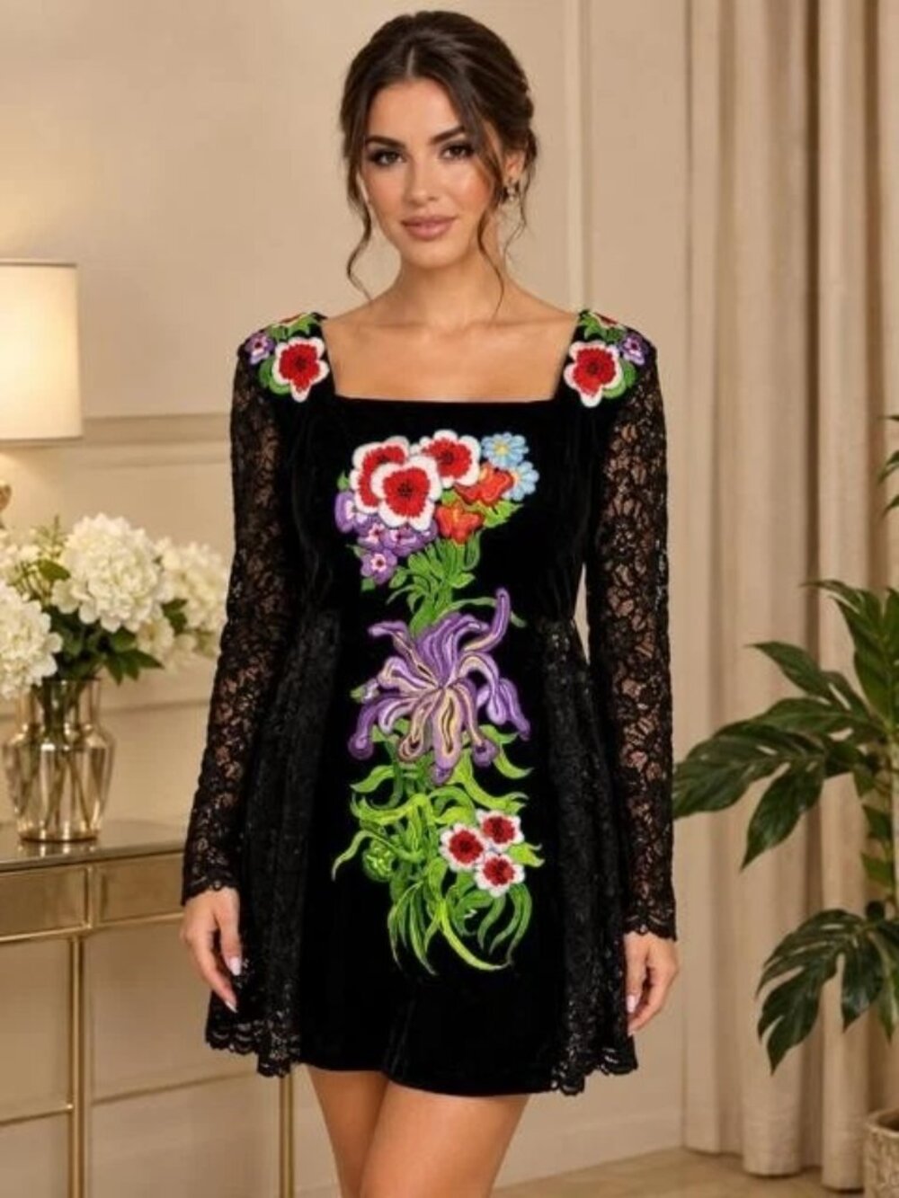 Roja Black Velvet Lace Floral Embroidered Tunic Dress - Picture 3 of 3